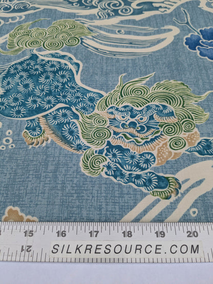 Brunschwig &amp; Fils Shishi Peony &amp; Chinese Lion On Turquoise Cotton MSRP USD 336/Y