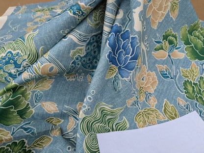 Brunschwig &amp; Fils Shishi Peony &amp; Chinese Lion On Turquoise Cotton MSRP USD 336/Y