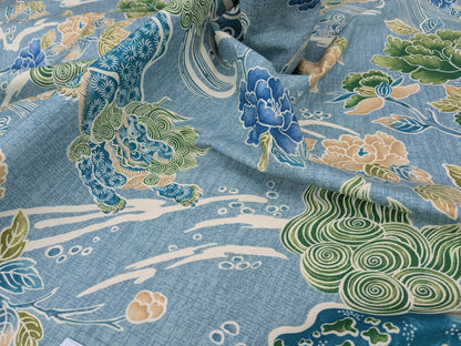 Brunschwig &amp; Fils Shishi Peony &amp; Chinese Lion On Turquoise Cotton MSRP USD 336/Y