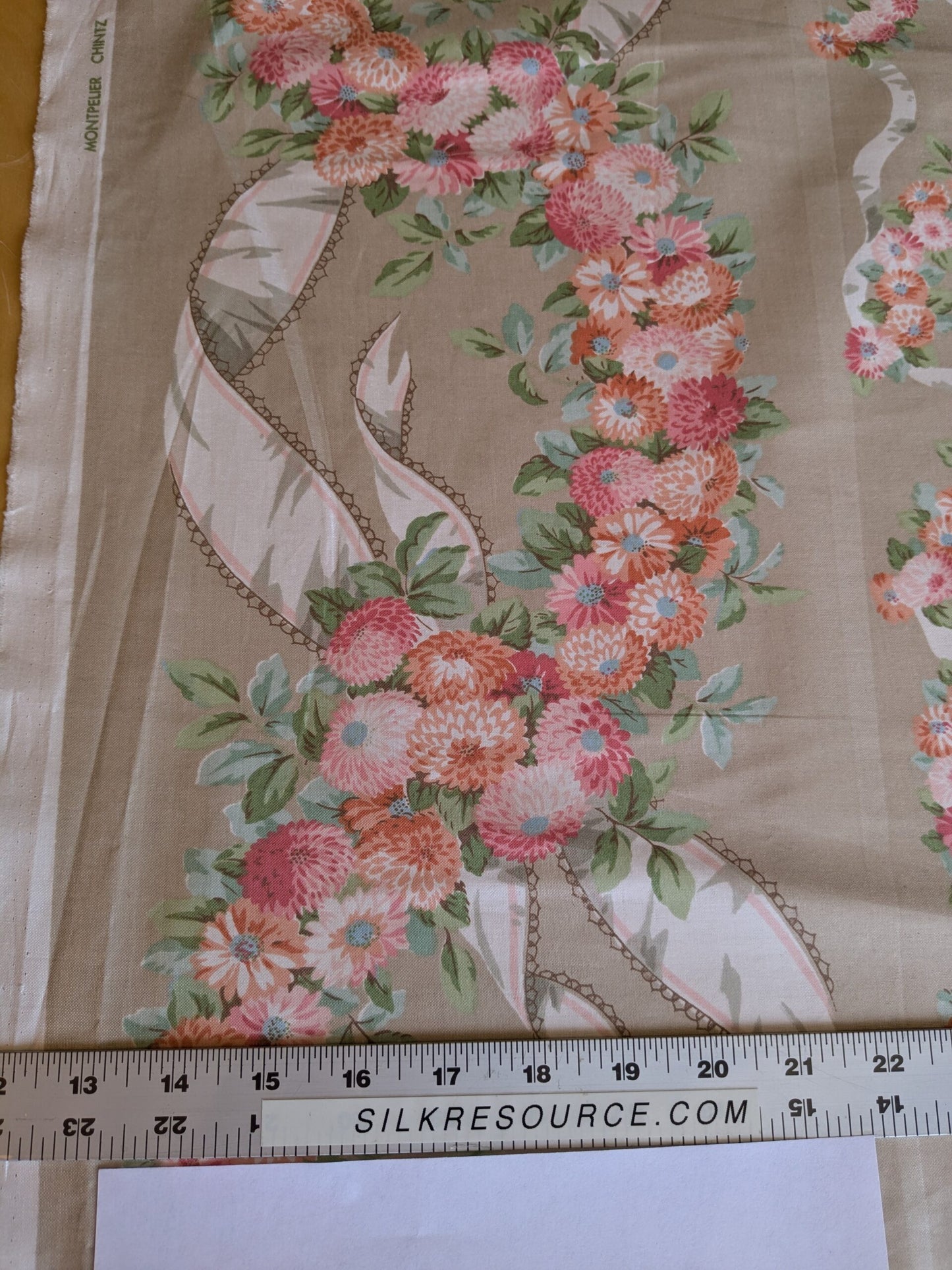 Scalamandre Old World Weavers Montpelier Chintz with Border Vanilla Grey Red Pink on Pale Butter Rose Garland and Ribbons Elizabeth British Chintz (Copy)