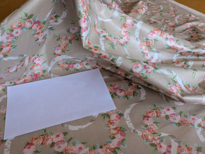 Scalamandre Old World Weavers Montpelier Chintz with Border Vanilla Grey Red Pink on Pale Butter Rose Garland and Ribbons Elizabeth British Chintz (Copy)