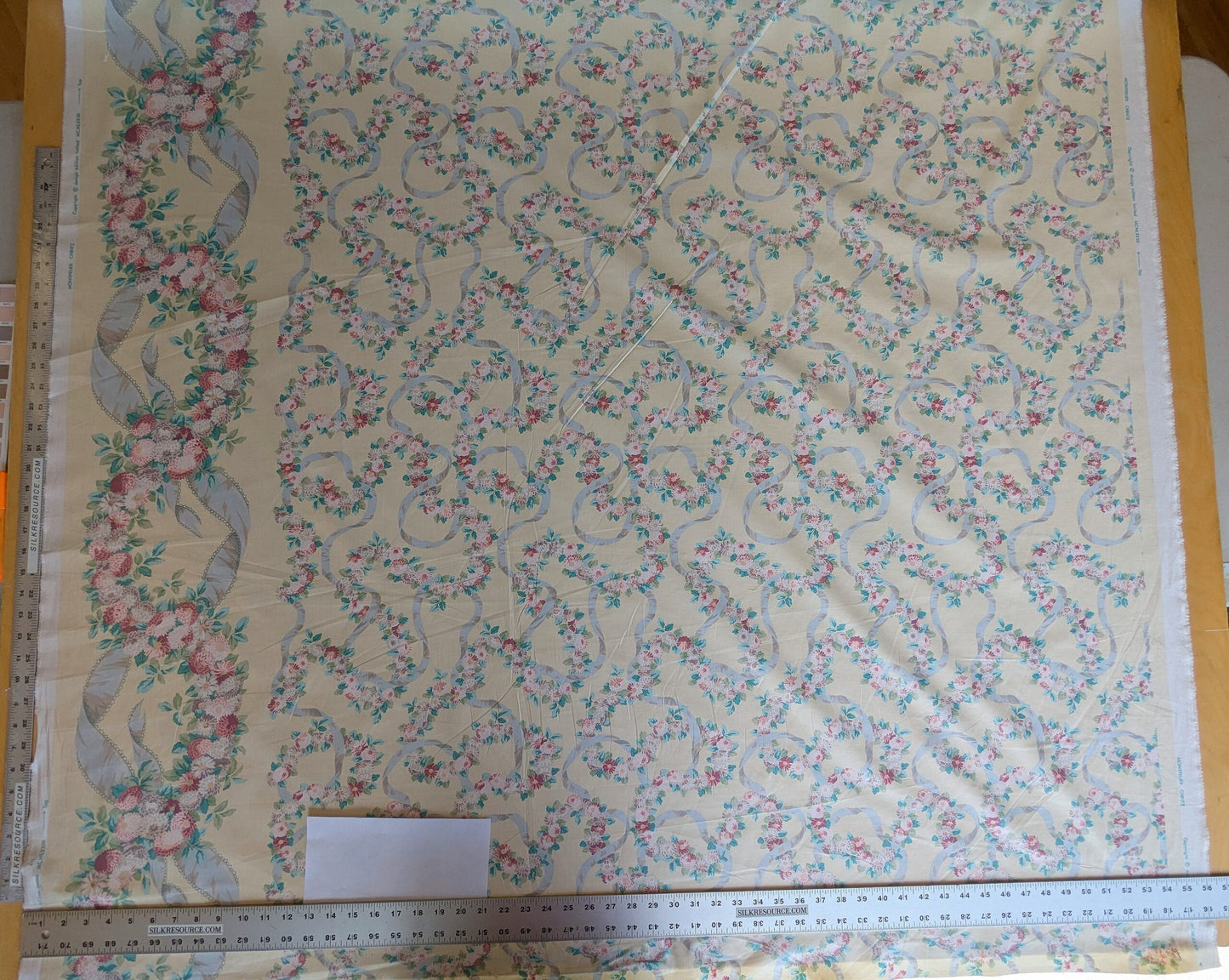 Scalamandre Old World Weavers Montpelier Chintz with Border Ecru Salmon Pink on Pale Butter Rose Garland and Ribbons Elizabeth British Chintz