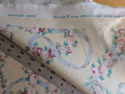 Scalamandre Old World Weavers Montpelier Chintz with Border Ecru Salmon Pink on Pale Butter Rose Garland and Ribbons Elizabeth British Chintz