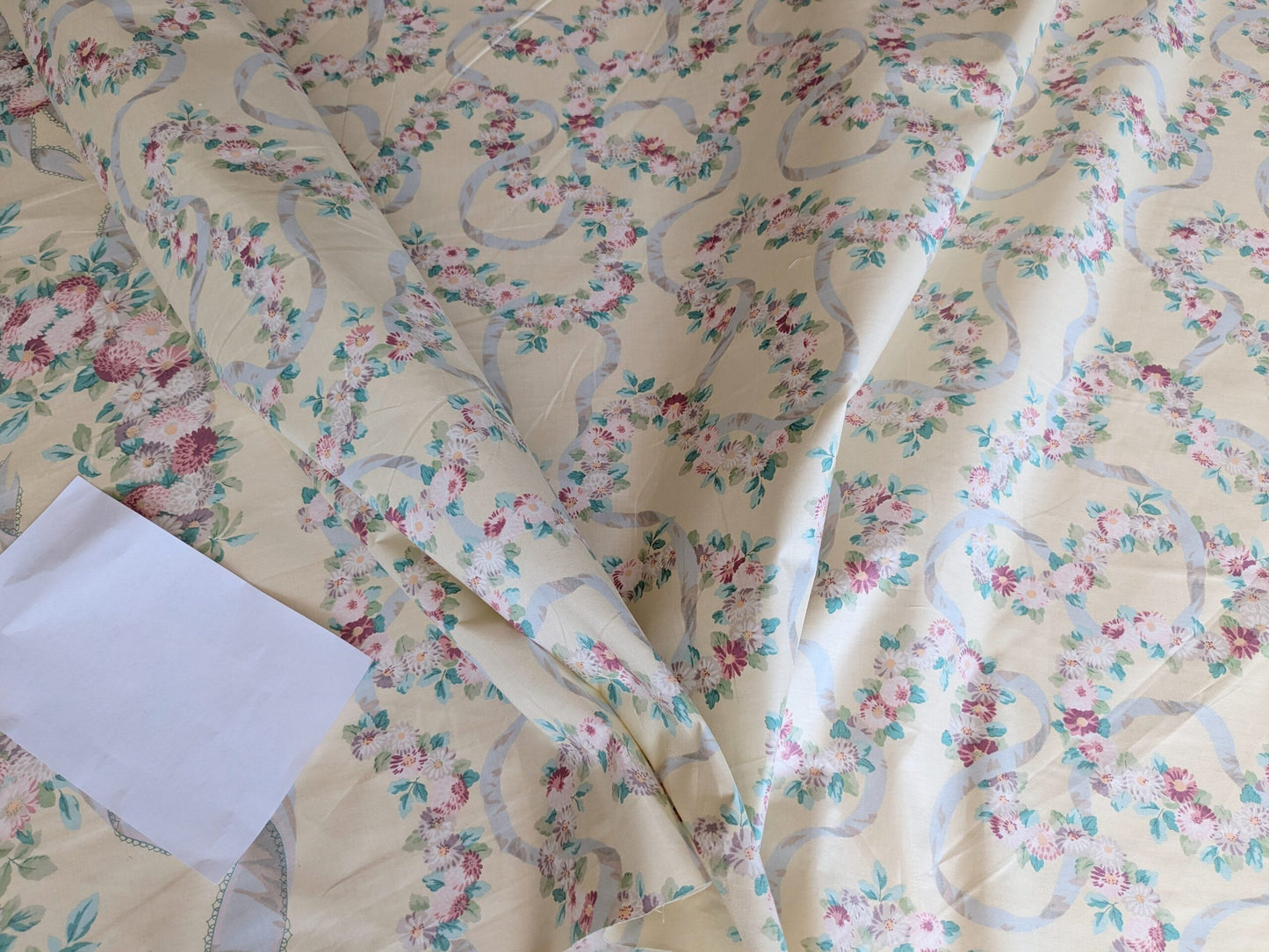 Scalamandre Old World Weavers Montpelier Chintz with Border Ecru Salmon Pink on Pale Butter Rose Garland and Ribbons Elizabeth British Chintz