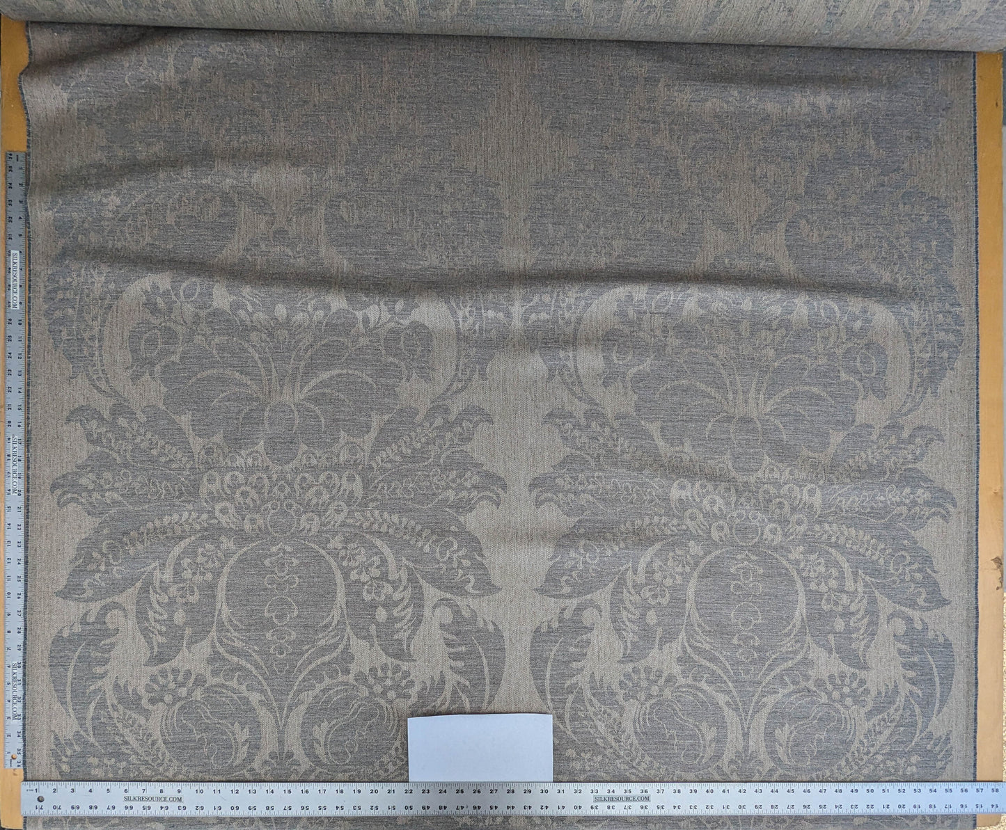Scalamandre Amelia in "Smoke" Pale Blue Natural Beige Renaissance Damask Jacquard Linen Acanthus Artichoke Feather MSRP USD 176/y