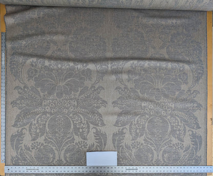 Scalamandre Amelia in "Smoke" Pale Blue Natural Beige Renaissance Damask Jacquard Linen Acanthus Artichoke Feather MSRP USD 176/y