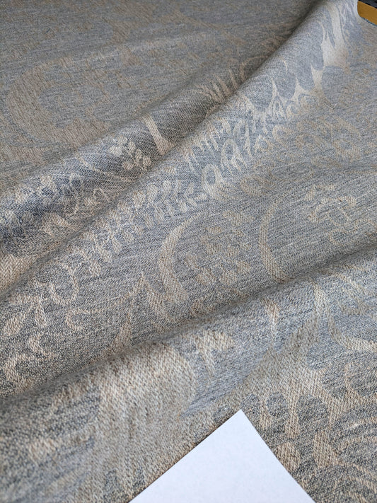 Scalamandre Amelia in "Smoke" Pale Blue Natural Beige Renaissance Damask Jacquard Linen Acanthus Artichoke Feather MSRP USD 176/y