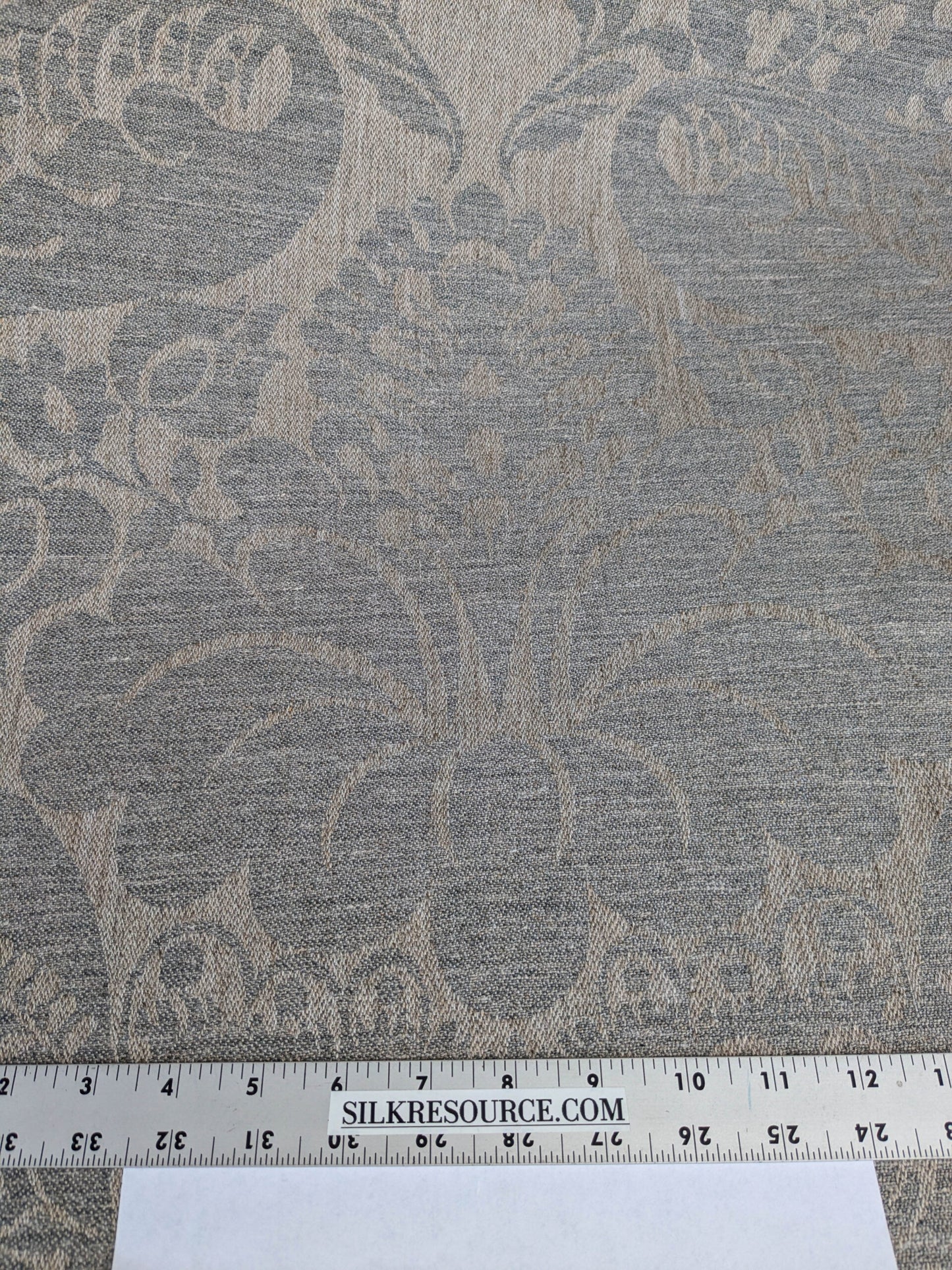 Scalamandre Amelia in "Smoke" Pale Blue Natural Beige Renaissance Damask Jacquard Linen Acanthus Artichoke Feather MSRP USD 176/y