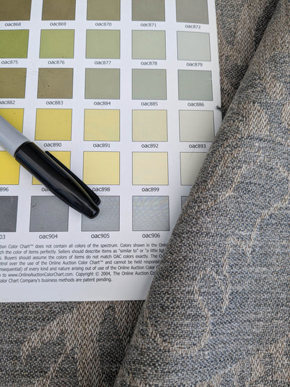 Scalamandre Amelia in "Smoke" Pale Blue Natural Beige Renaissance Damask Jacquard Linen Acanthus Artichoke Feather MSRP USD 176/y