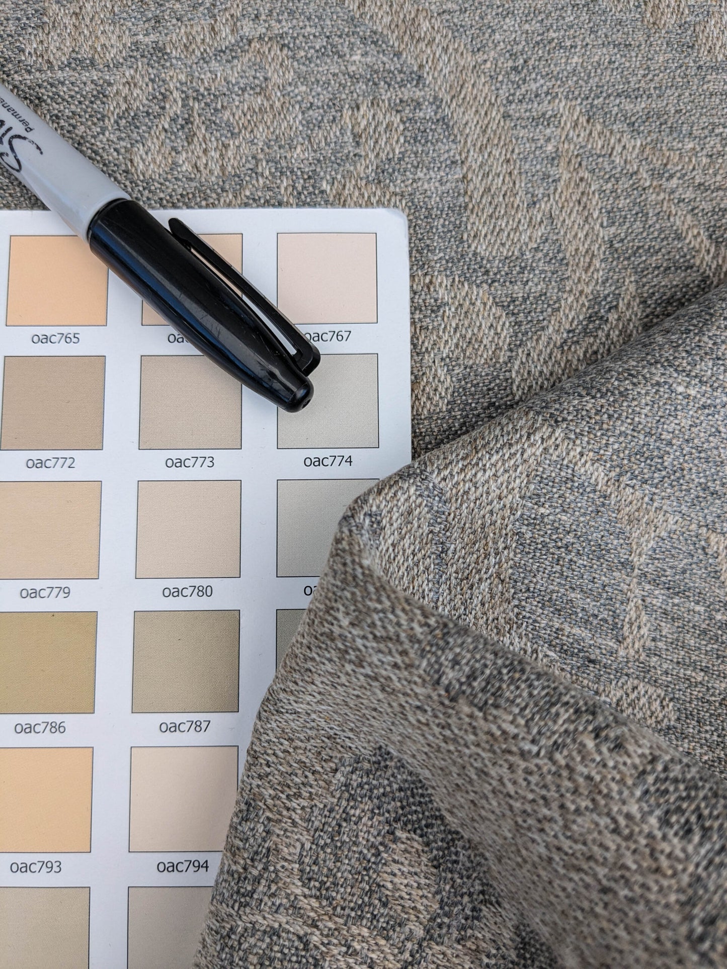 Scalamandre Amelia in "Smoke" Pale Blue Natural Beige Renaissance Damask Jacquard Linen Acanthus Artichoke Feather MSRP USD 176/y