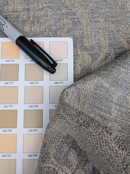 Scalamandre Amelia in "Smoke" Pale Blue Natural Beige Renaissance Damask Jacquard Linen Acanthus Artichoke Feather MSRP USD 176/y