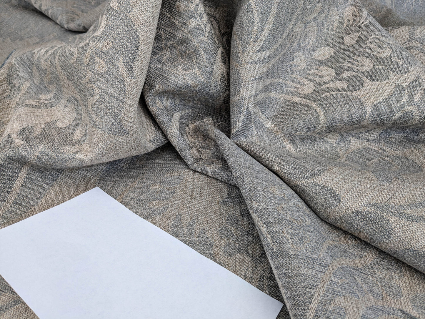 Scalamandre Amelia in "Smoke" Pale Blue Natural Beige Renaissance Damask Jacquard Linen Acanthus Artichoke Feather MSRP USD 176/y