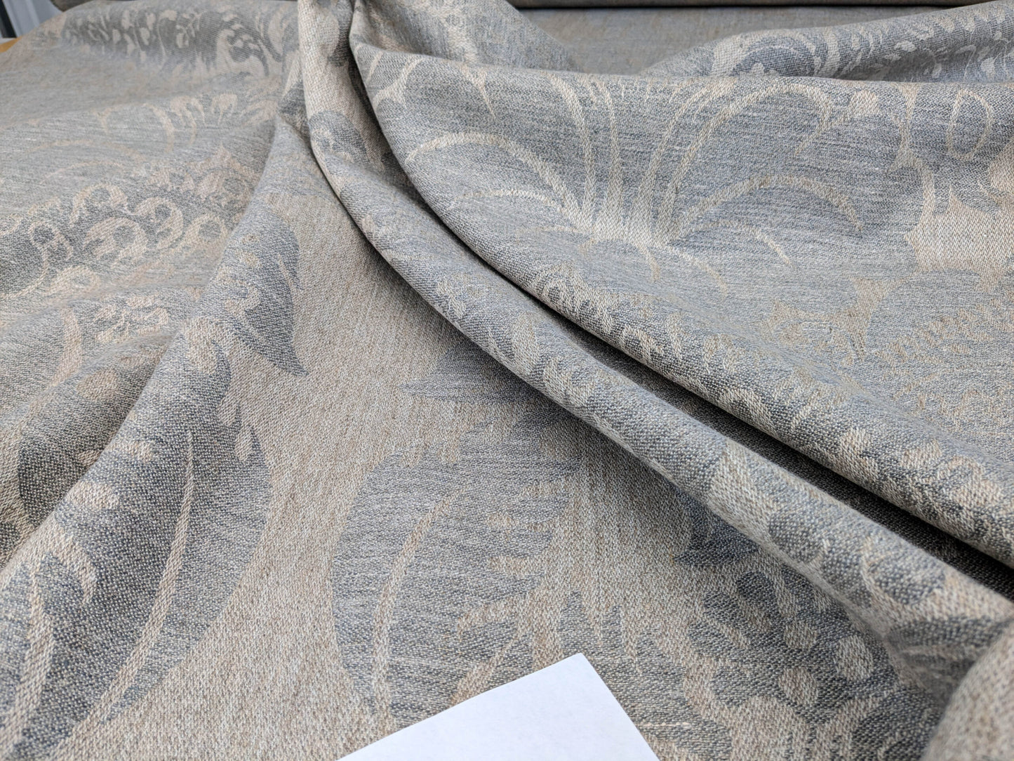 Scalamandre Amelia in "Smoke" Pale Blue Natural Beige Renaissance Damask Jacquard Linen Acanthus Artichoke Feather MSRP USD 176/y