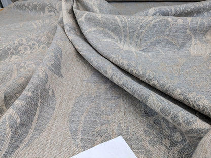 Scalamandre Amelia in "Smoke" Pale Blue Natural Beige Renaissance Damask Jacquard Linen Acanthus Artichoke Feather MSRP USD 176/y