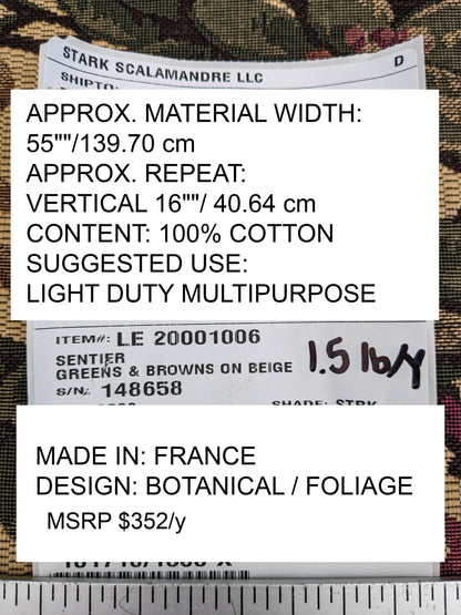 Scalamandre Sentier Greens &amp; Browns on Beige Forest Foliage Oak Pineapple Daisy Tapestry from France Cotton Heavy MSRP USD352/y