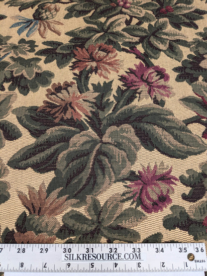 Scalamandre Sentier Greens &amp; Browns on Beige Forest Foliage Oak Pineapple Daisy Tapestry from France Cotton Heavy MSRP USD352/y