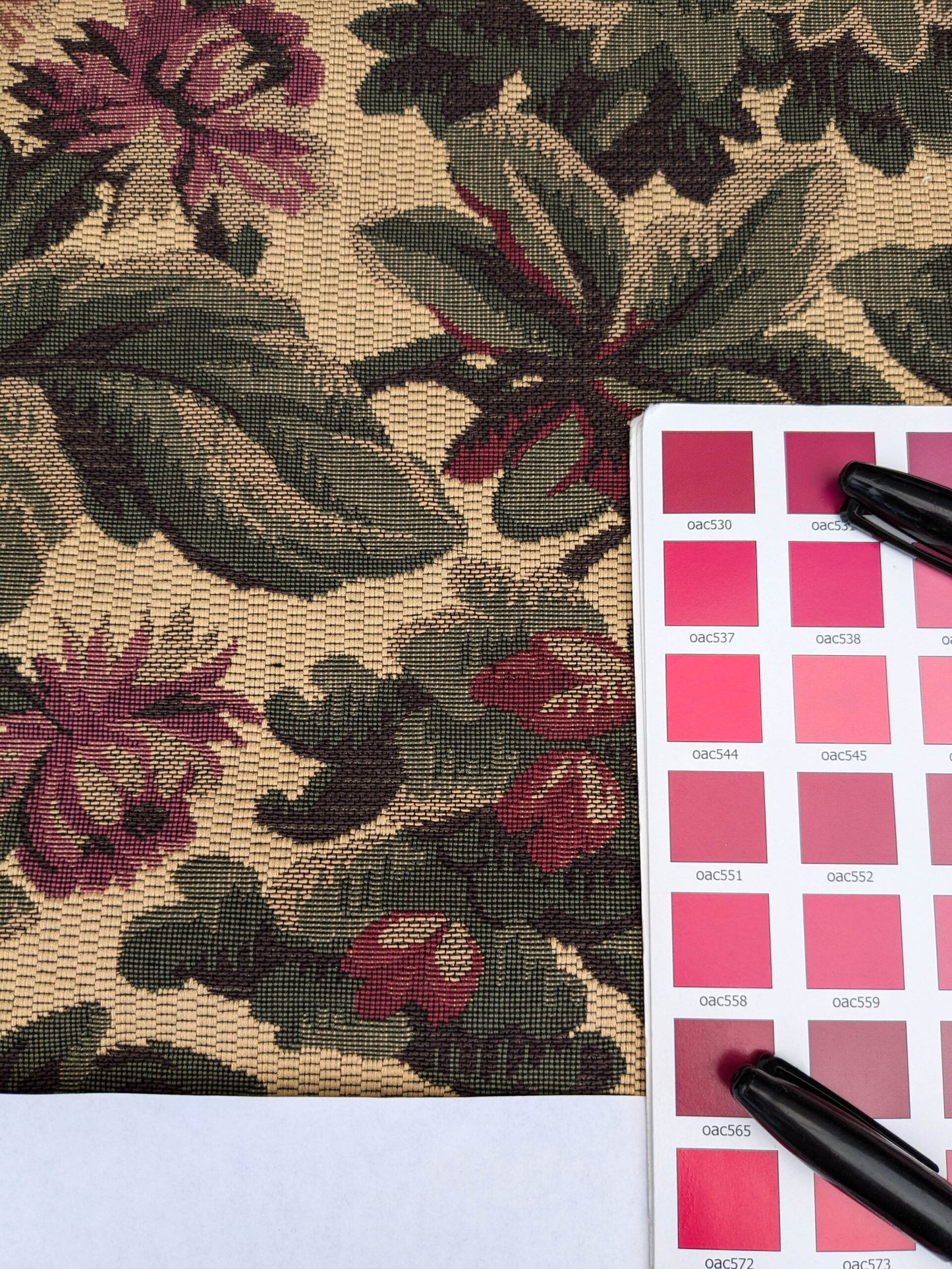 Scalamandre Sentier Greens &amp; Browns on Beige Forest Foliage Oak Pineapple Daisy Tapestry from France Cotton Heavy MSRP USD352/y