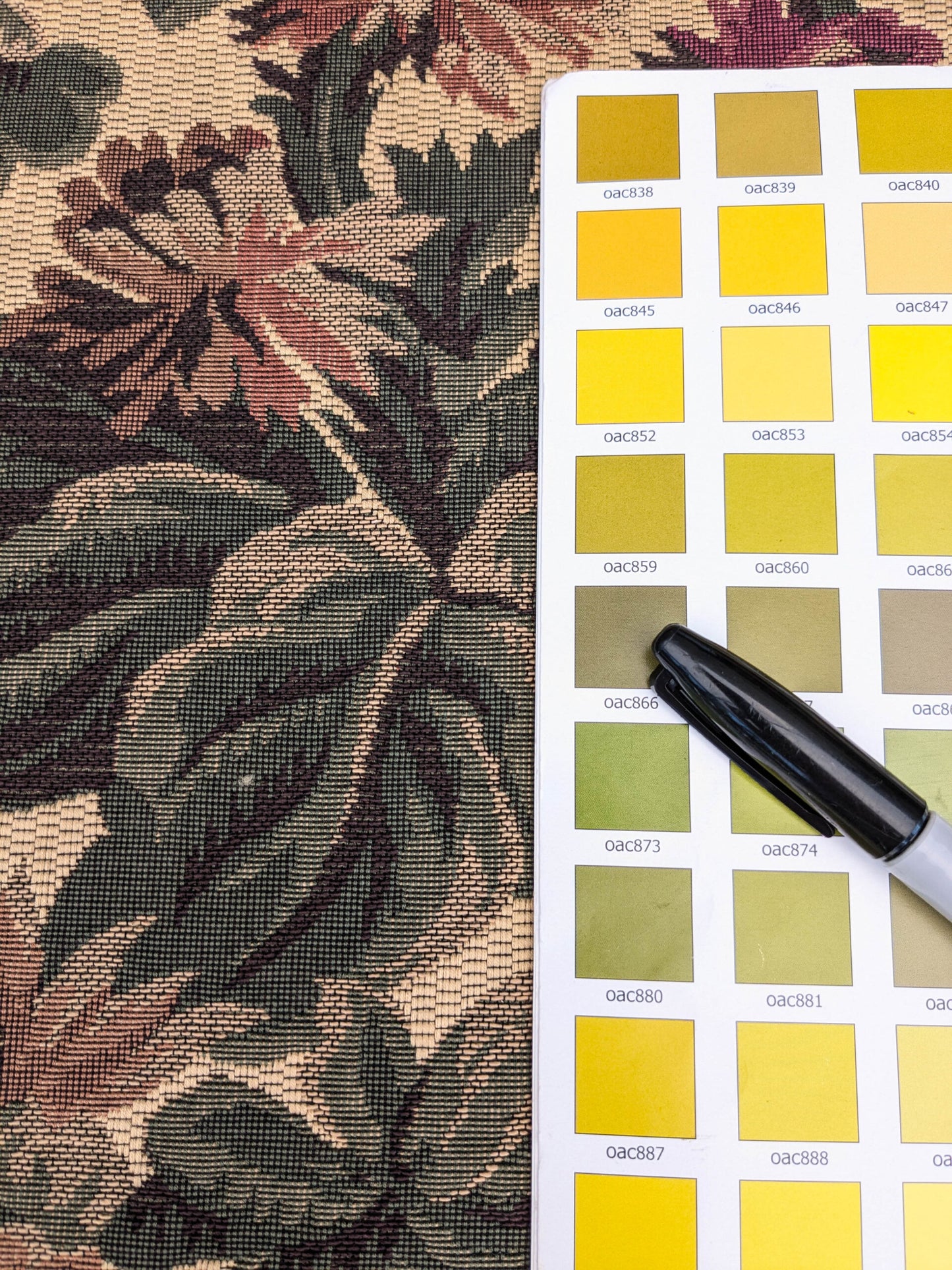 Scalamandre Sentier Greens &amp; Browns on Beige Forest Foliage Oak Pineapple Daisy Tapestry from France Cotton Heavy MSRP USD352/y