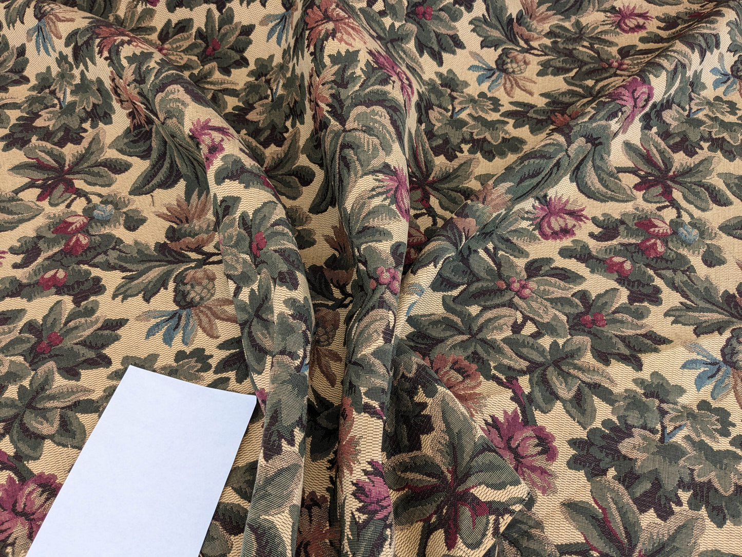 Scalamandre Sentier Greens &amp; Browns on Beige Forest Foliage Oak Pineapple Daisy Tapestry from France Cotton Heavy MSRP USD352/y