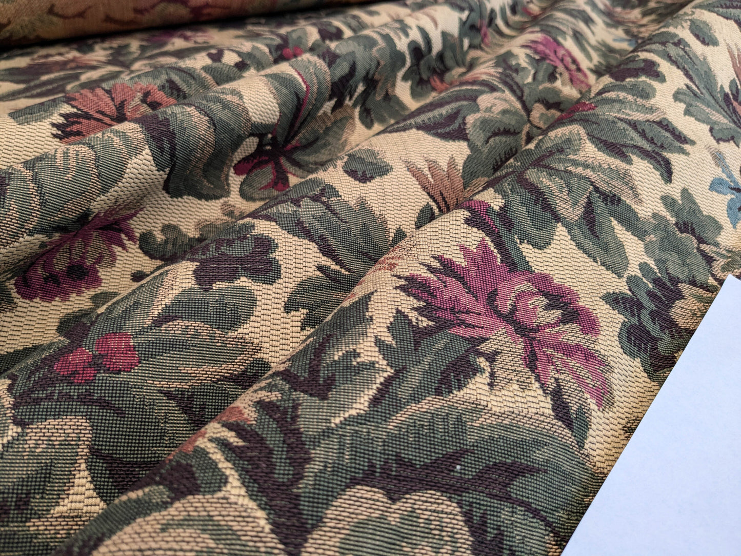 Scalamandre Sentier Greens &amp; Browns on Beige Forest Foliage Oak Pineapple Daisy Tapestry from France Cotton Heavy MSRP USD352/y