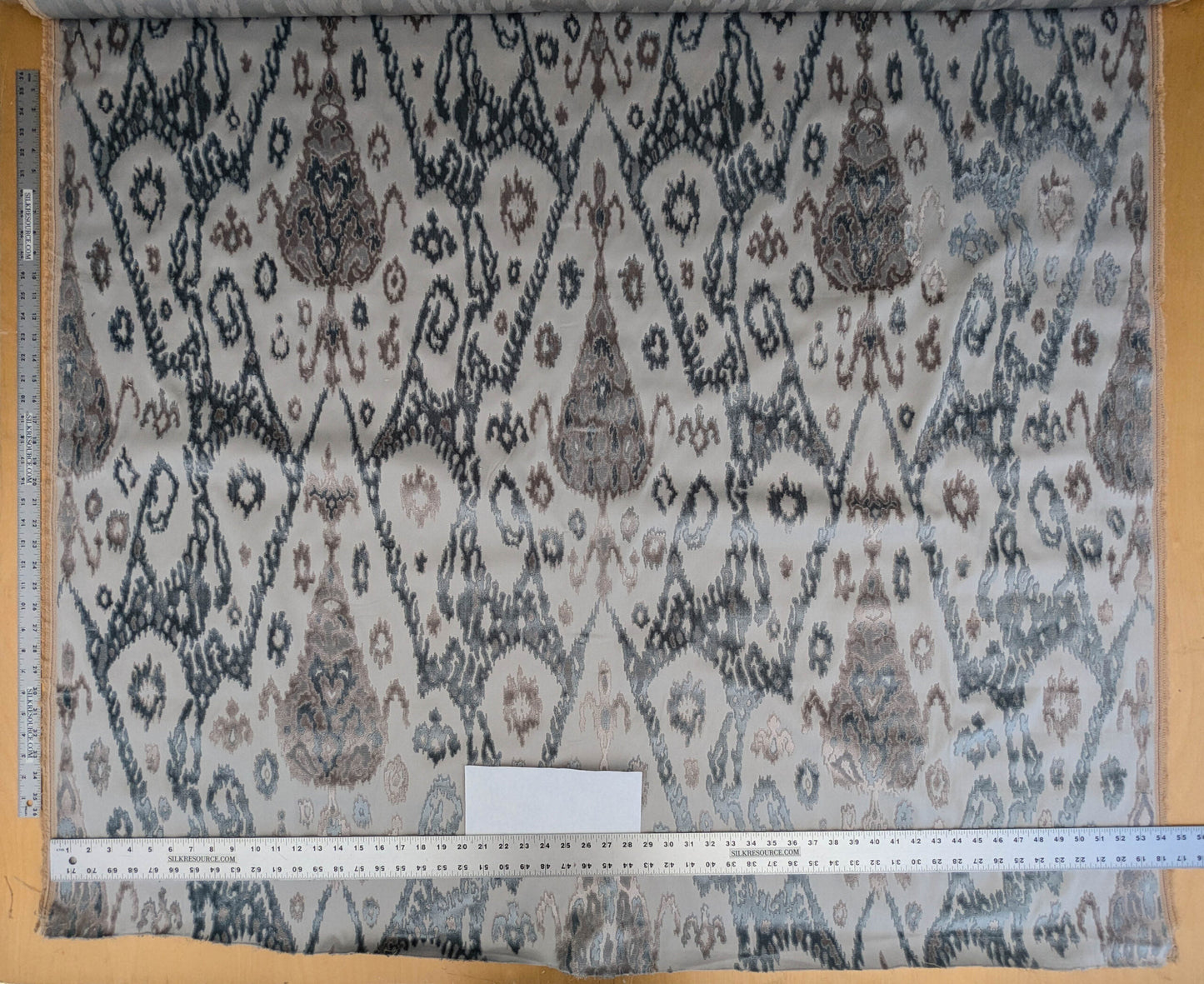 Scalamandre  Tai Lao Mist Blue Brown Velvet Ikat Paisley Viscose Cotton MSRP USD 532/y