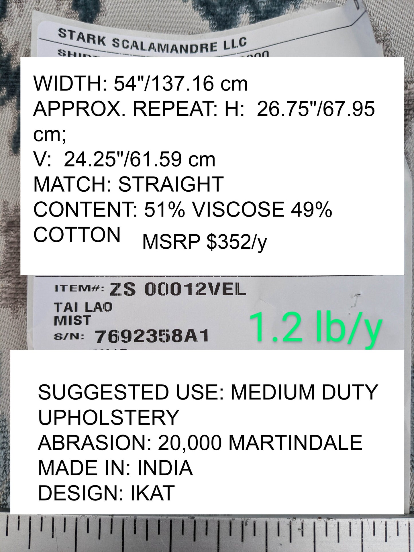 Scalamandre  Tai Lao Mist Blue Brown Velvet Ikat Paisley Viscose Cotton MSRP USD 532/y