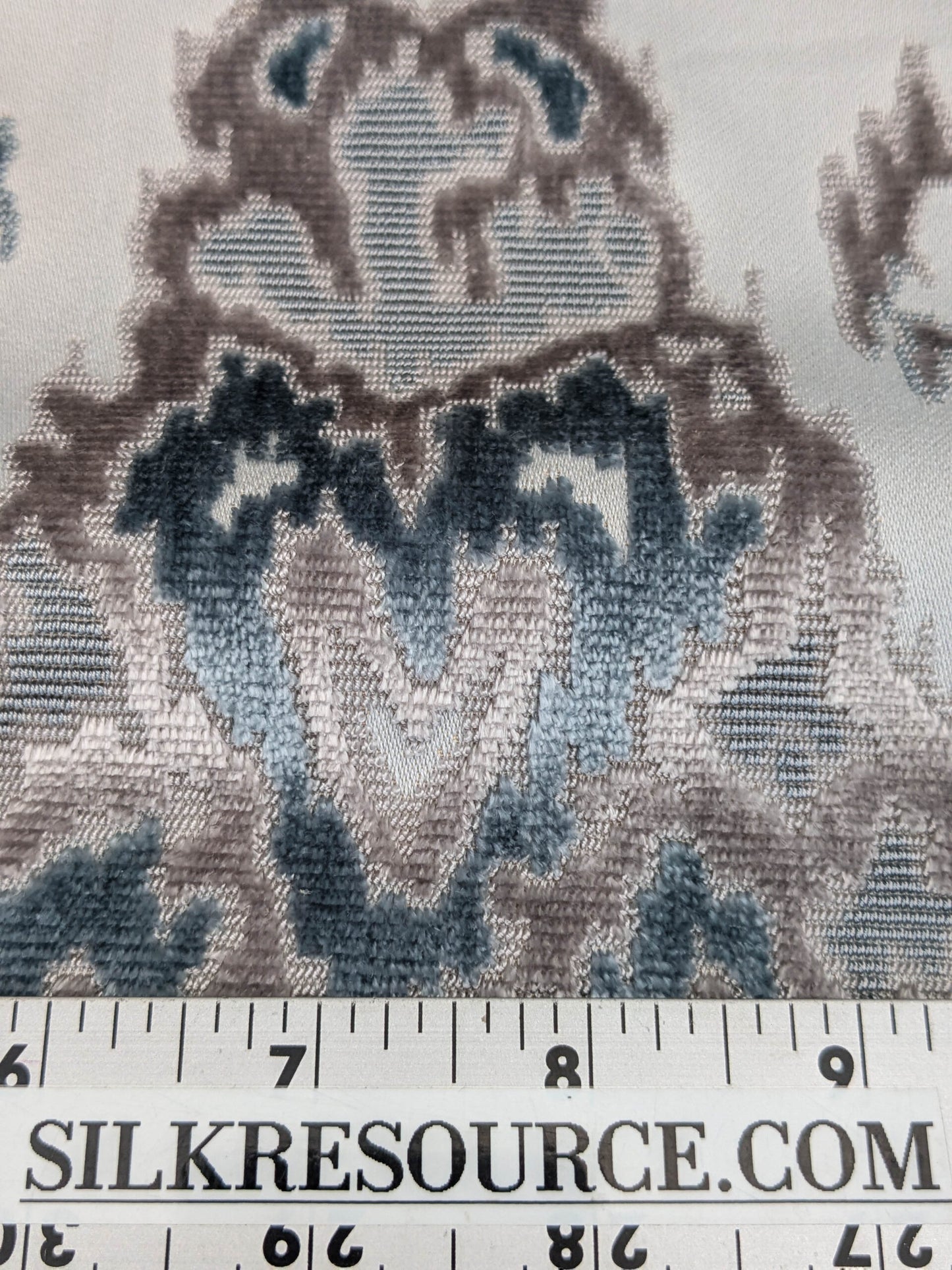 Scalamandre  Tai Lao Mist Blue Brown Velvet Ikat Paisley Viscose Cotton MSRP USD 532/y