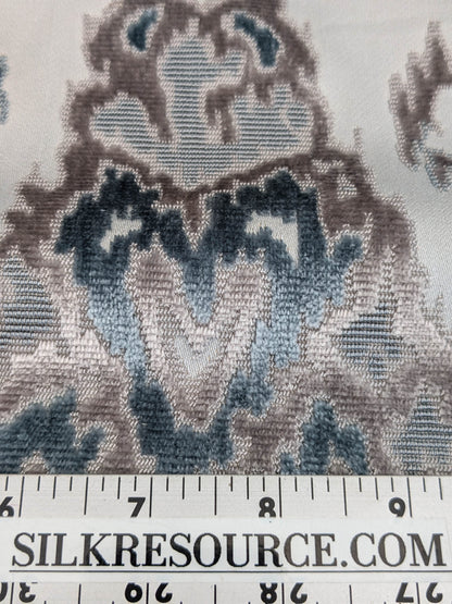 Scalamandre  Tai Lao Mist Blue Brown Velvet Ikat Paisley Viscose Cotton MSRP USD 532/y