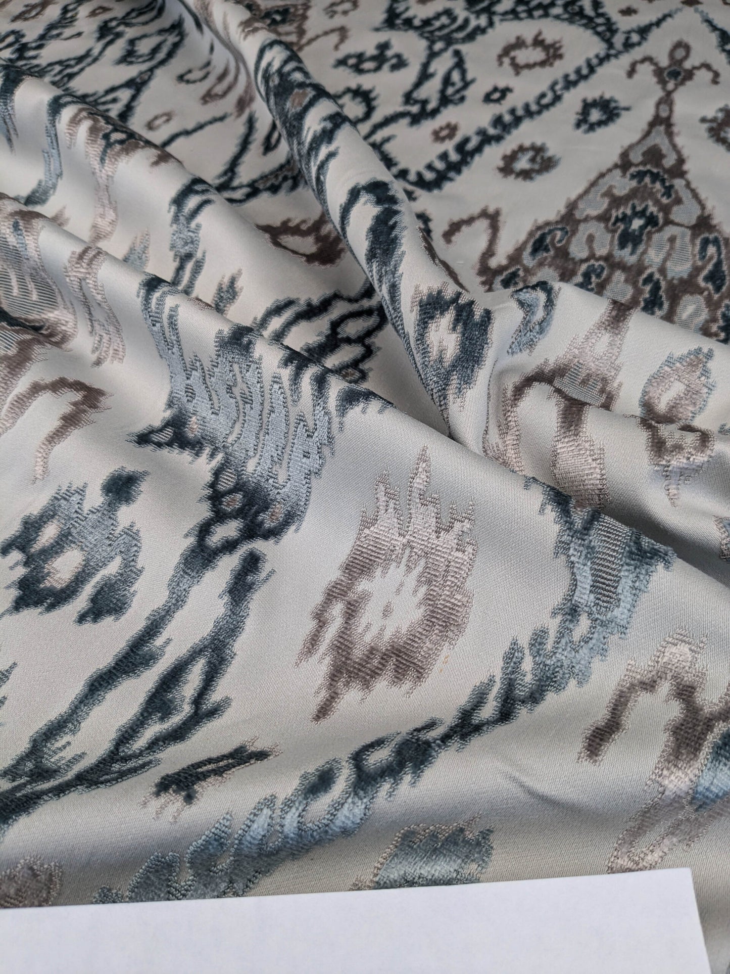 Scalamandre  Tai Lao Mist Blue Brown Velvet Ikat Paisley Viscose Cotton MSRP USD 532/y