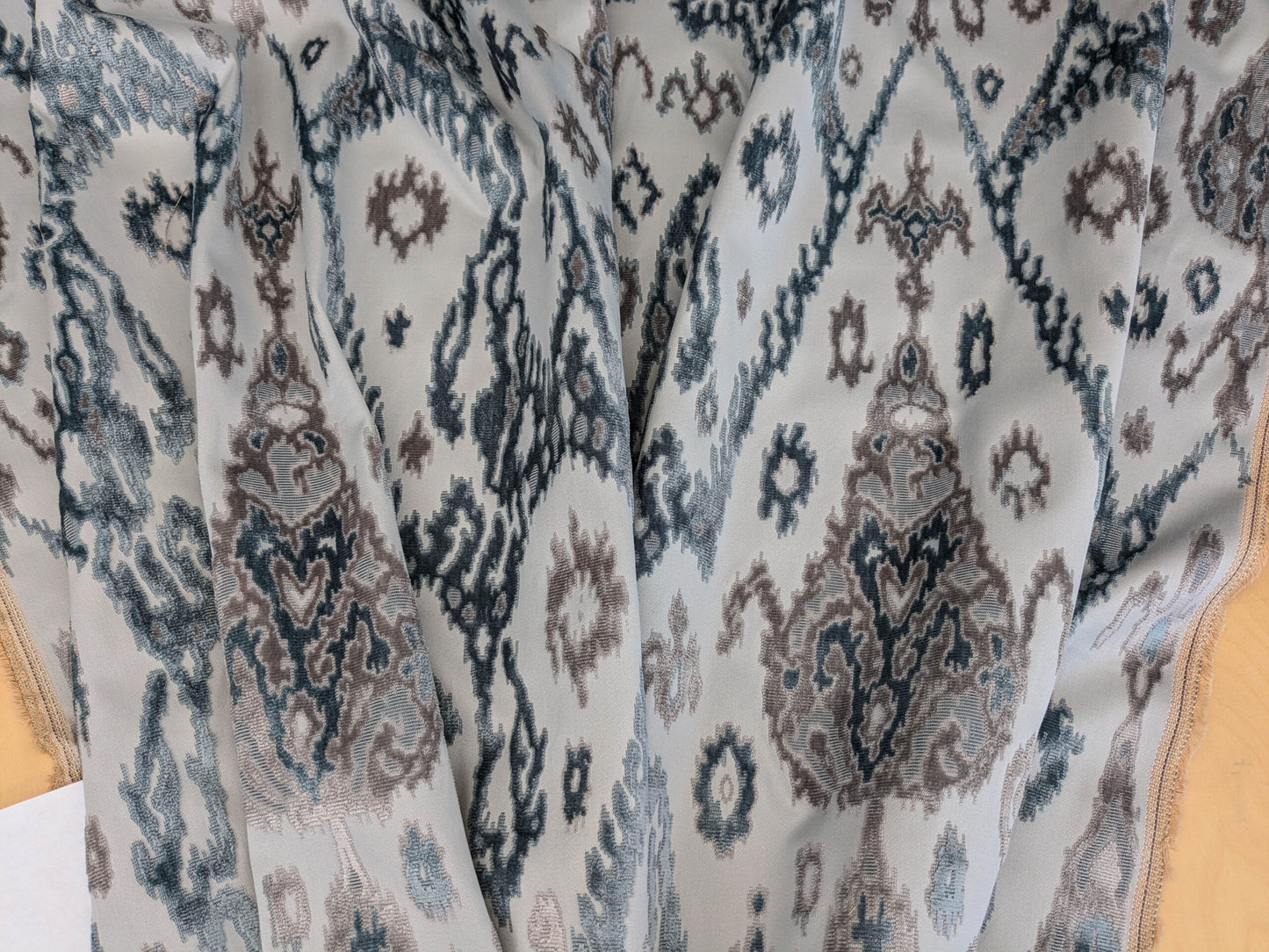 Scalamandre  Tai Lao Mist Blue Brown Velvet Ikat Paisley Viscose Cotton MSRP USD 532/y