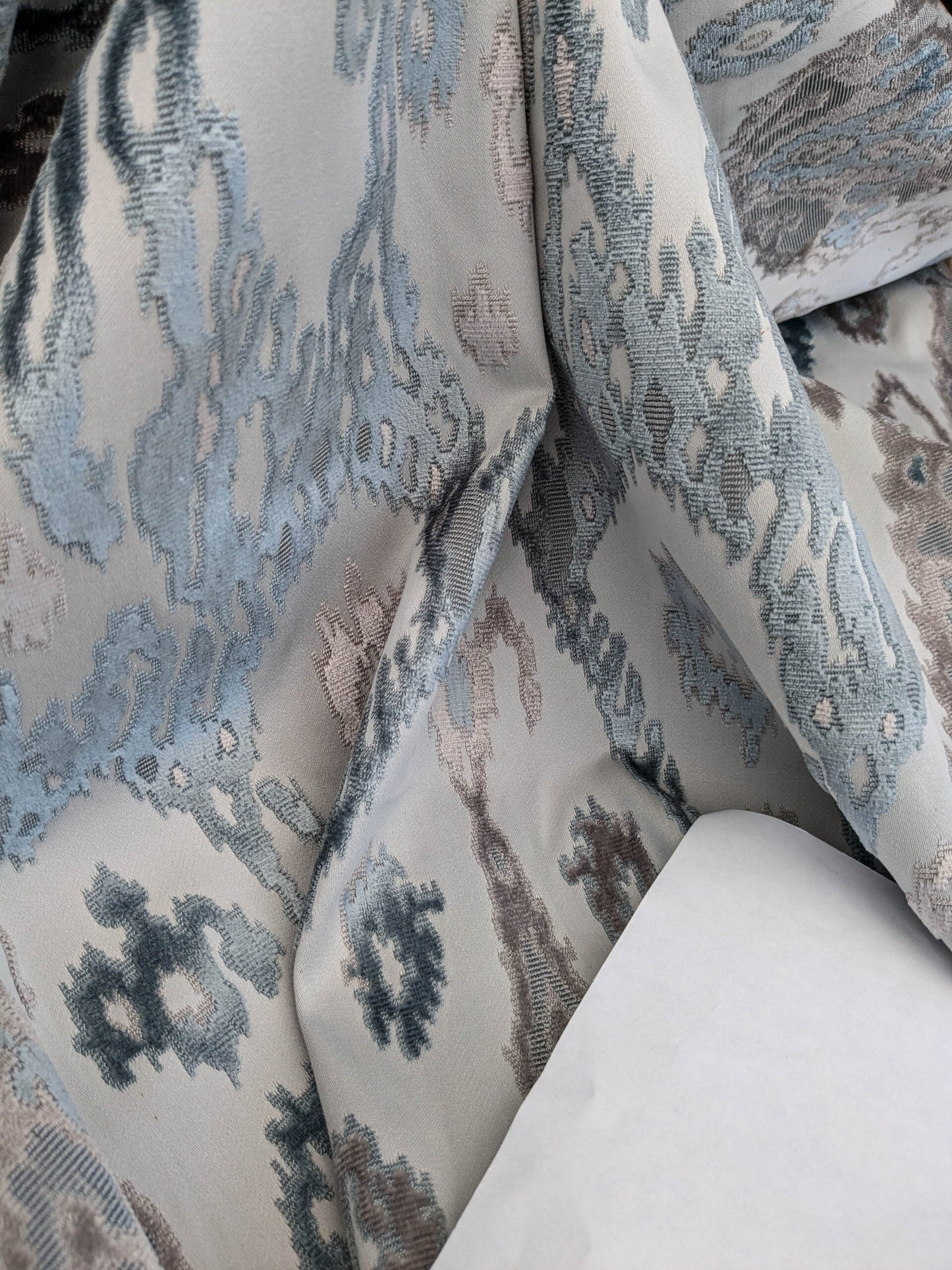 Scalamandre  Tai Lao Mist Blue Brown Velvet Ikat Paisley Viscose Cotton MSRP USD 532/y