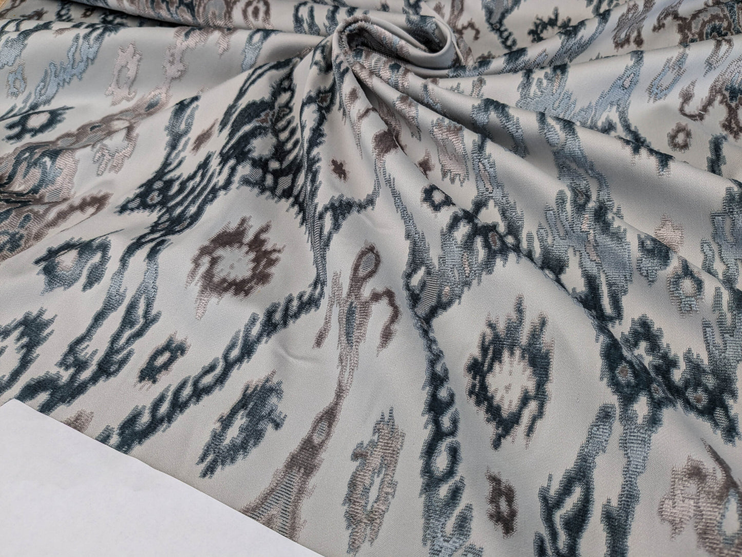 Scalamandre  Tai Lao Mist Blue Brown Velvet Ikat Paisley Viscose Cotton MSRP USD 532/y