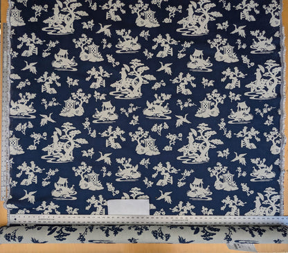 Scalamandre Romantic Outdoor Lily Pond Indigo Blue White Chinoisery Landscape Mountain Jacquard Reversible MSRP USD 222/y