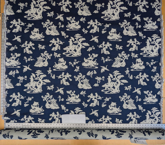 Scalamandre Romantic Outdoor Lily Pond Indigo Blue White Chinoisery Landscape Mountain Jacquard Reversible MSRP USD 222/y