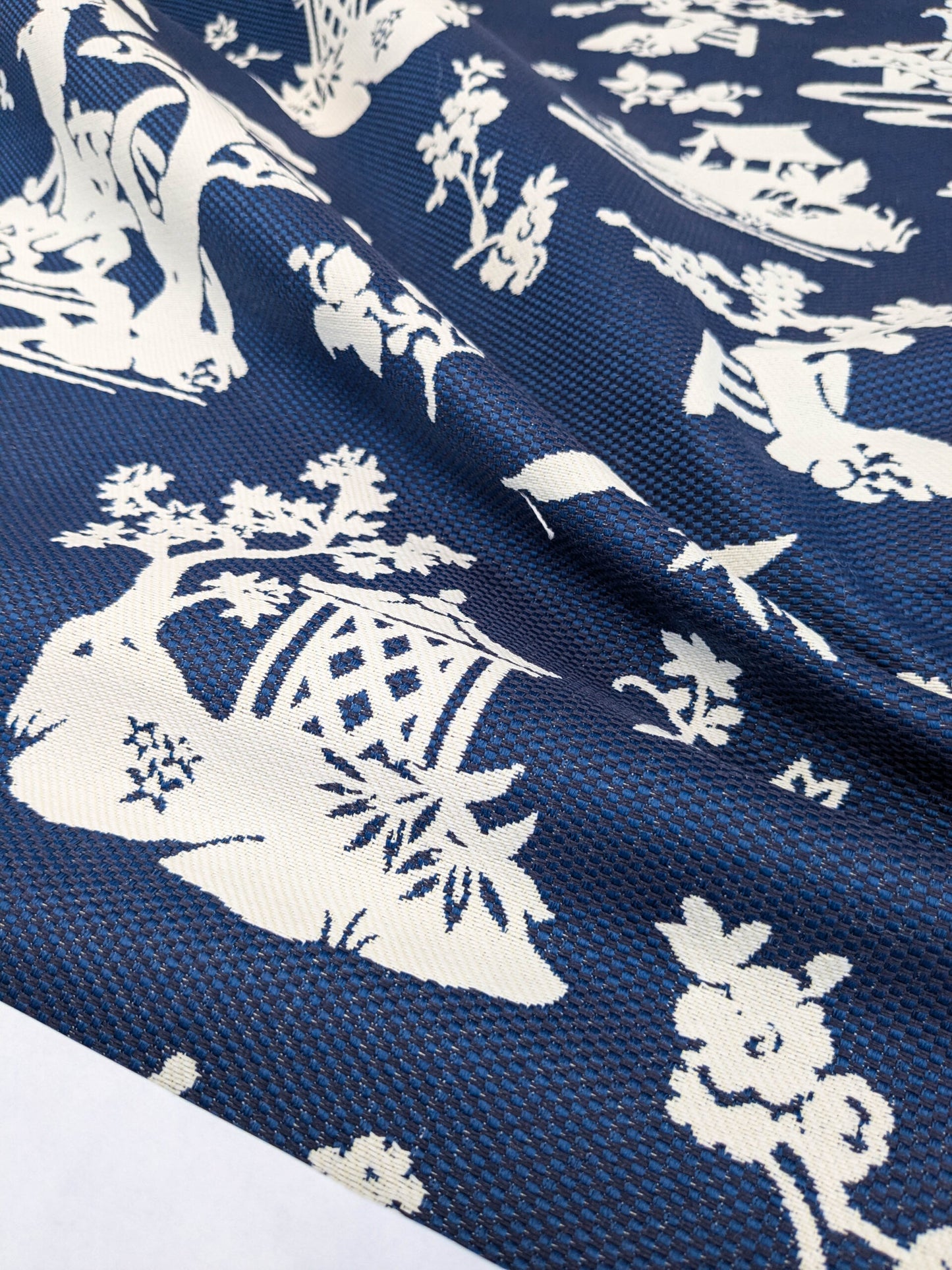 Scalamandre Romantic Outdoor Lily Pond Indigo Blue White Chinoisery Landscape Mountain Jacquard Reversible MSRP USD 222/y