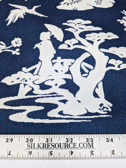 Scalamandre Romantic Outdoor Lily Pond Indigo Blue White Chinoisery Landscape Mountain Jacquard Reversible MSRP USD 222/y