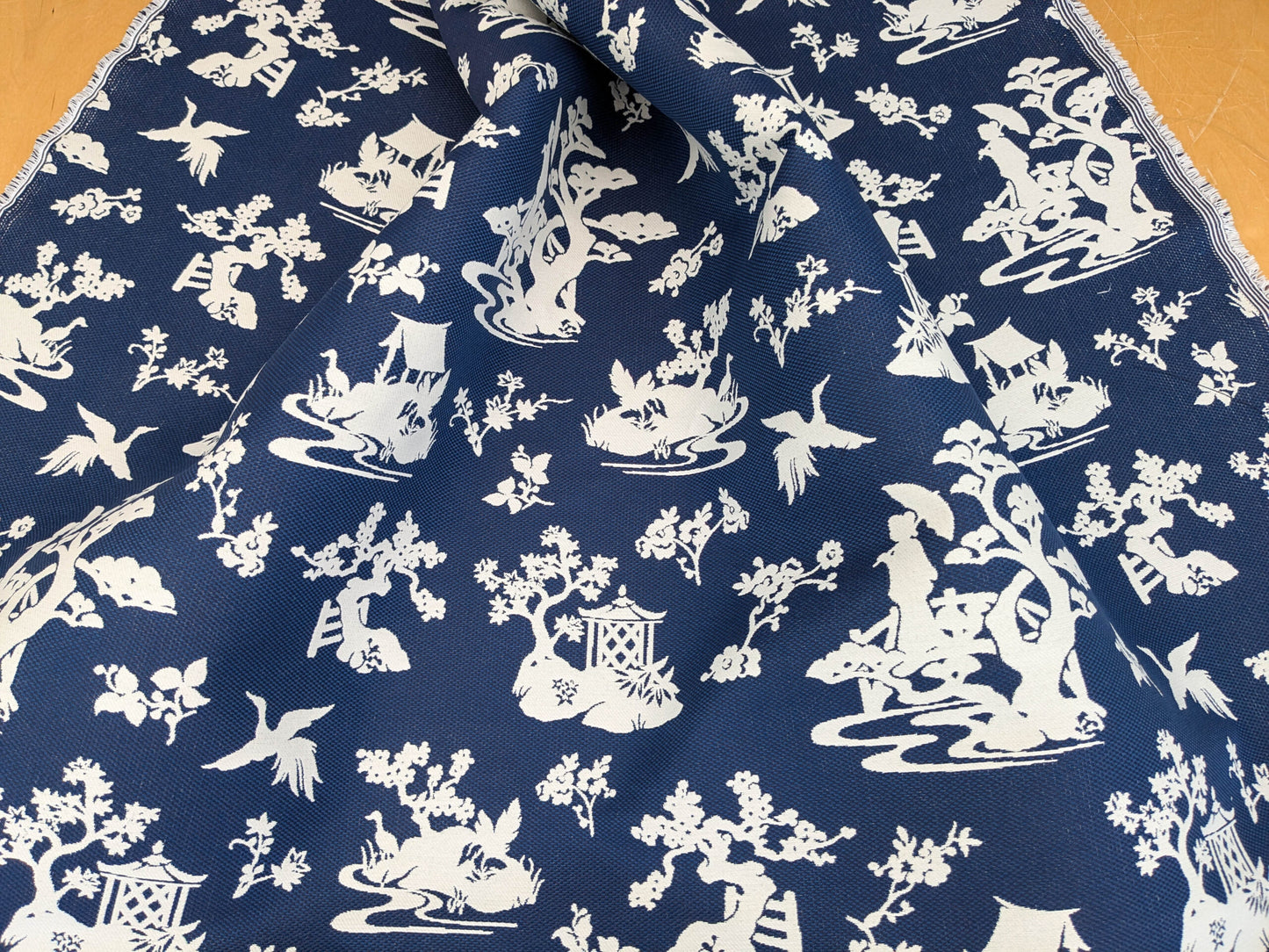 Scalamandre Romantic Outdoor Lily Pond Indigo Blue White Chinoisery Landscape Mountain Jacquard Reversible MSRP USD 222/y