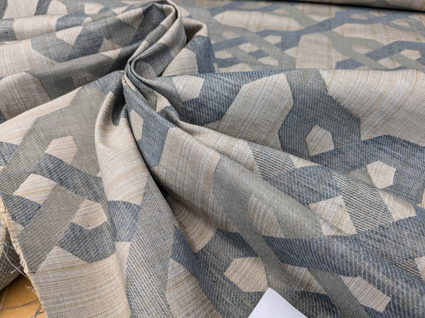 Scalamandre Alexander Carbon  Beige Blue  Diamond Woven Cotton Linen Blend Knots Lattice from Belle Jardin  MSRP USD 428/y