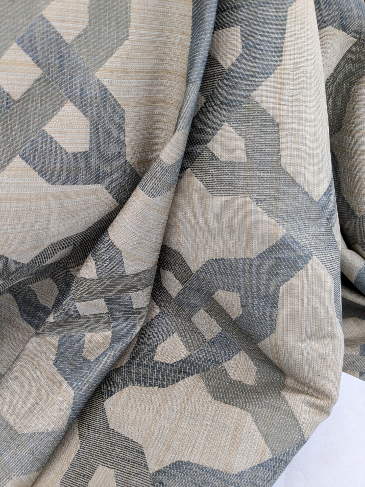 Scalamandre Alexander Carbon  Beige Blue  Diamond Woven Cotton Linen Blend Knots Lattice from Belle Jardin  MSRP USD 428/y