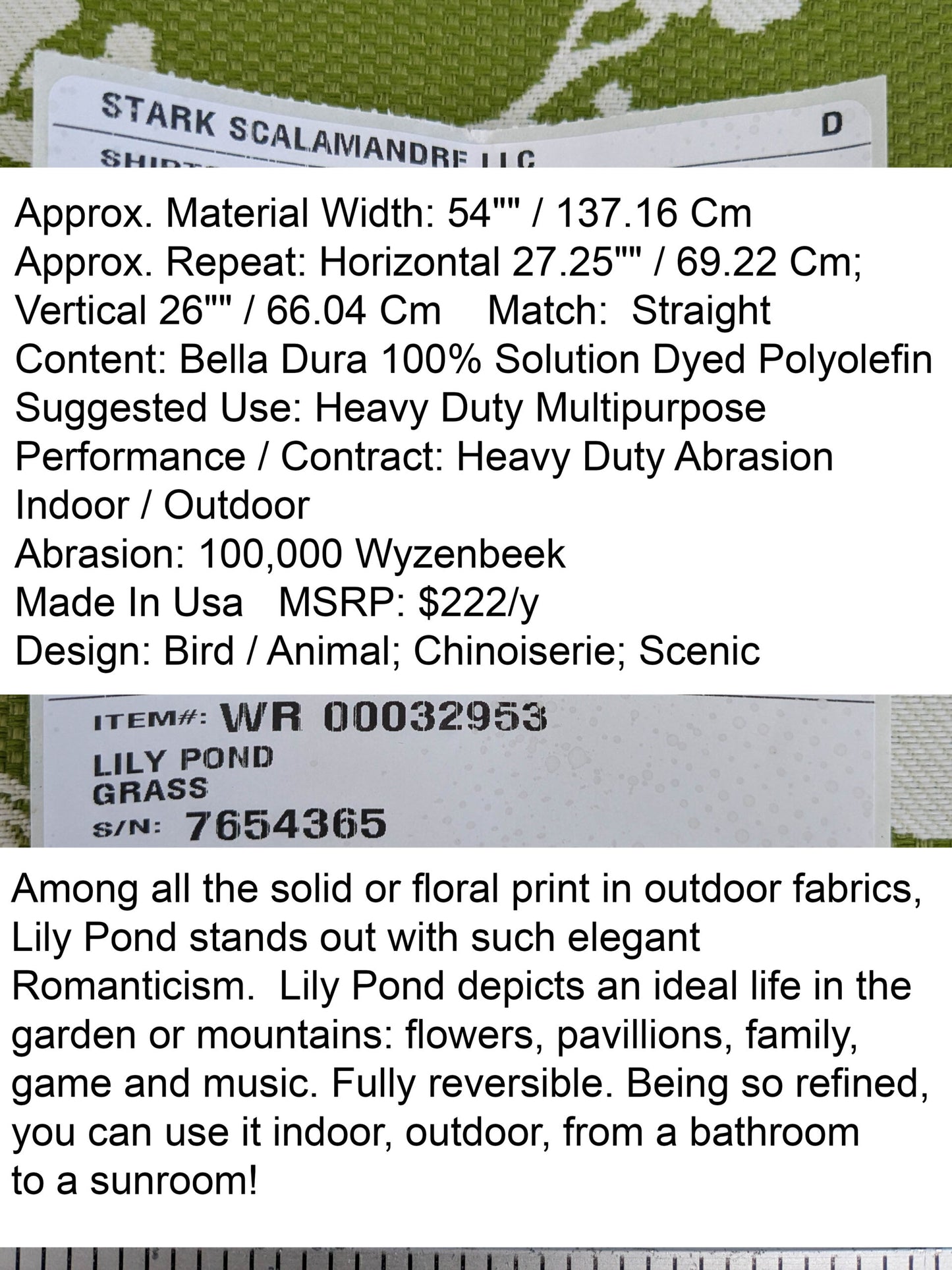 Scalamandre Romantic Outdoor Lily Pond Grass Green White Chinoiserie Landscape Mountain Jacquard Reversible MSRP USD 222/y