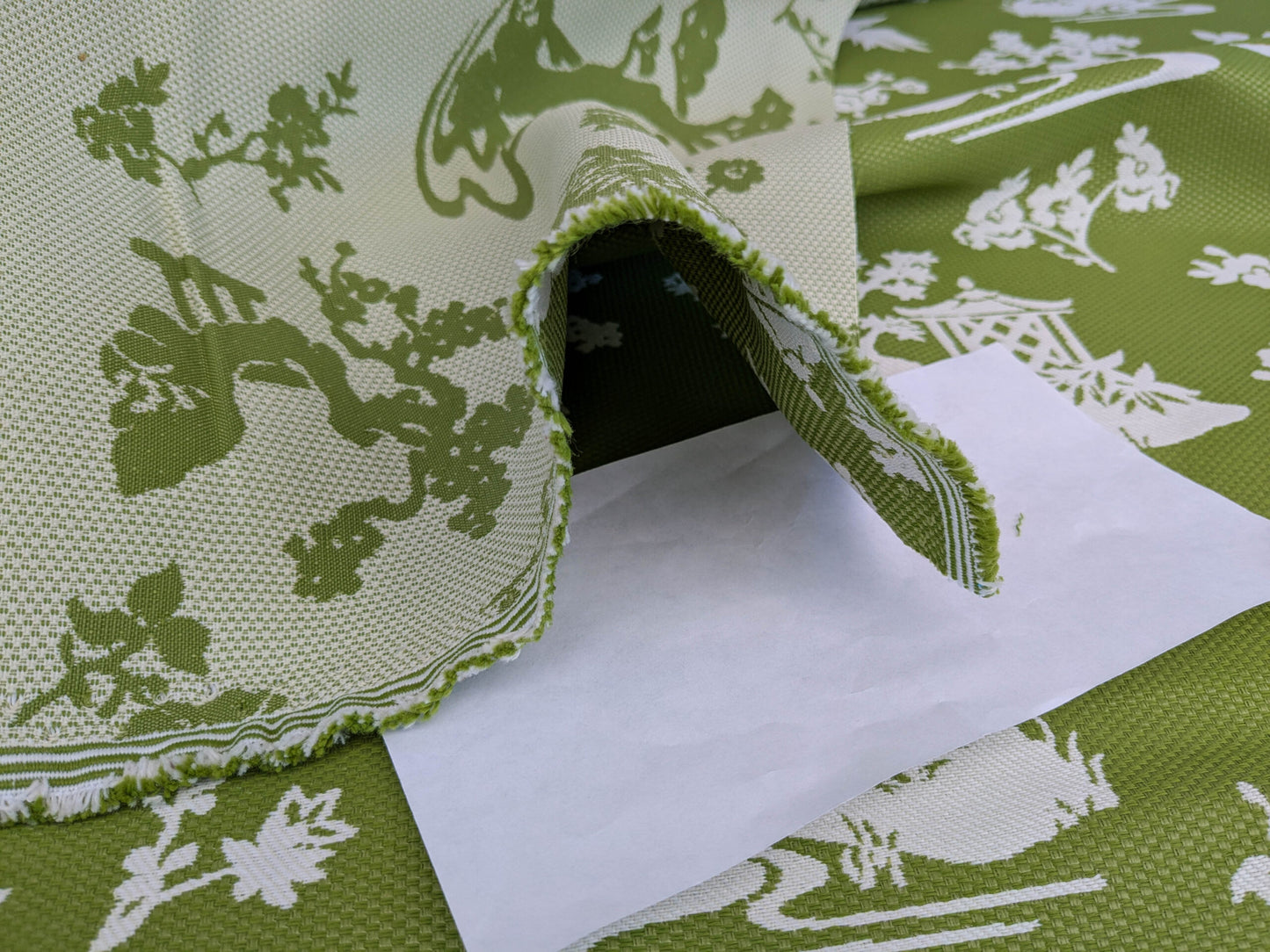 Scalamandre Romantic Outdoor Lily Pond Grass Green White Chinoiserie Landscape Mountain Jacquard Reversible MSRP USD 222/y