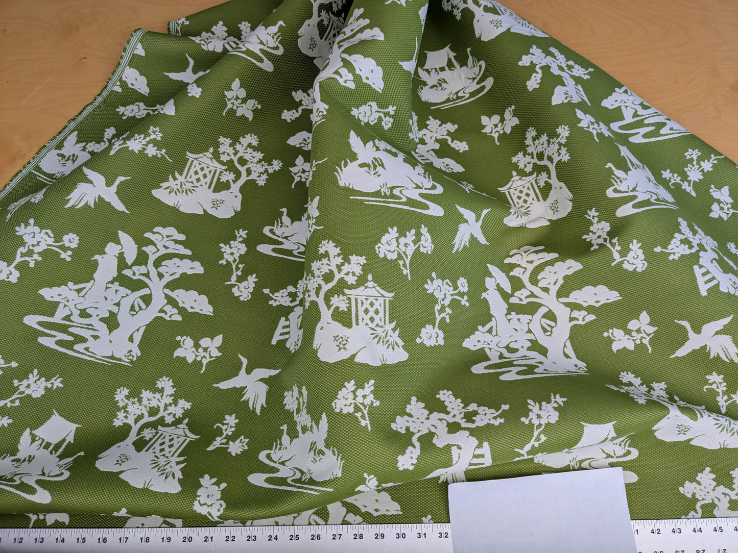 Scalamandre Romantic Outdoor Lily Pond Grass Green White Chinoiserie Landscape Mountain Jacquard Reversible MSRP USD 222/y