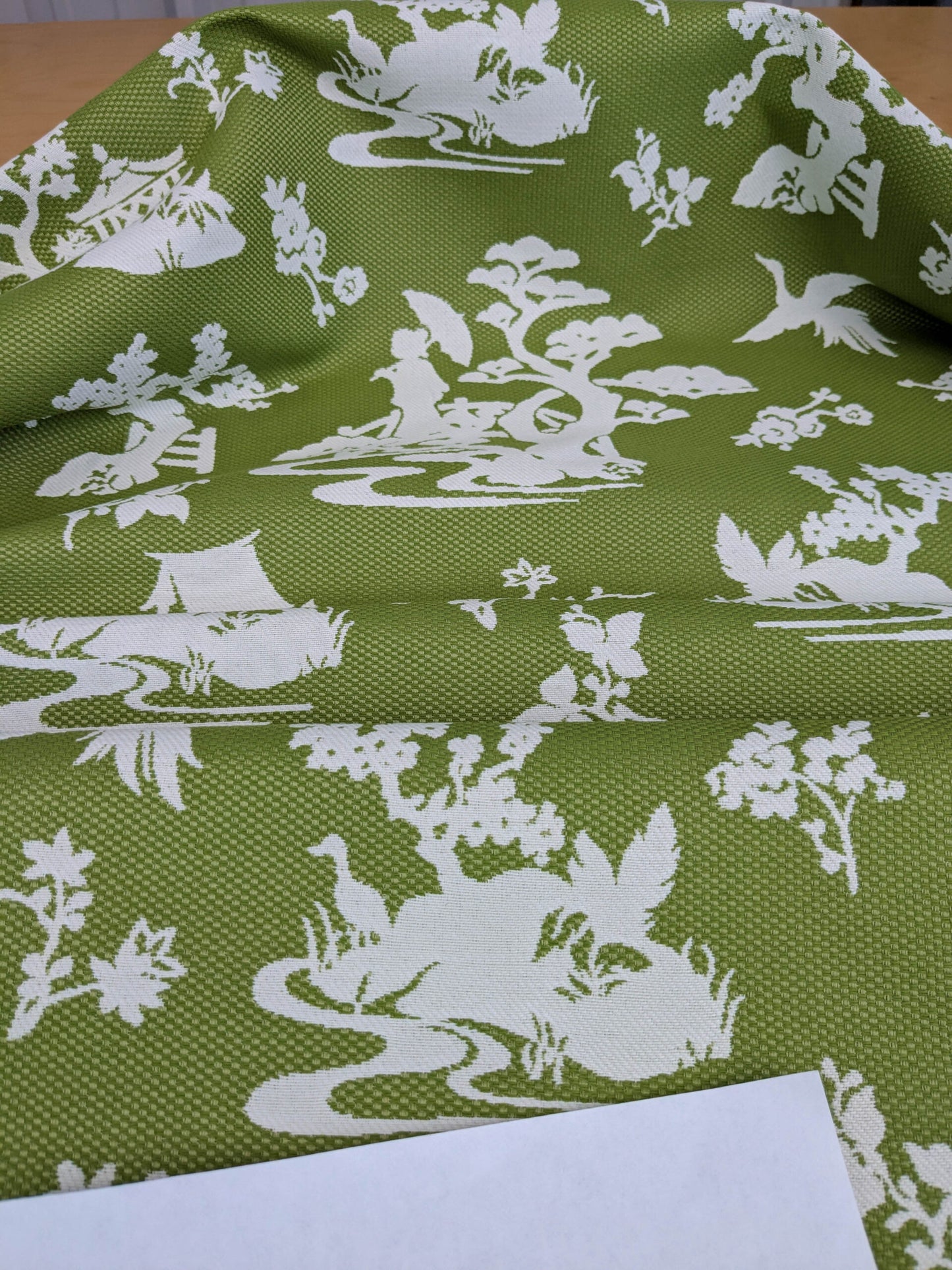 Scalamandre Romantic Outdoor Lily Pond Grass Green White Chinoiserie Landscape Mountain Jacquard Reversible MSRP USD 222/y