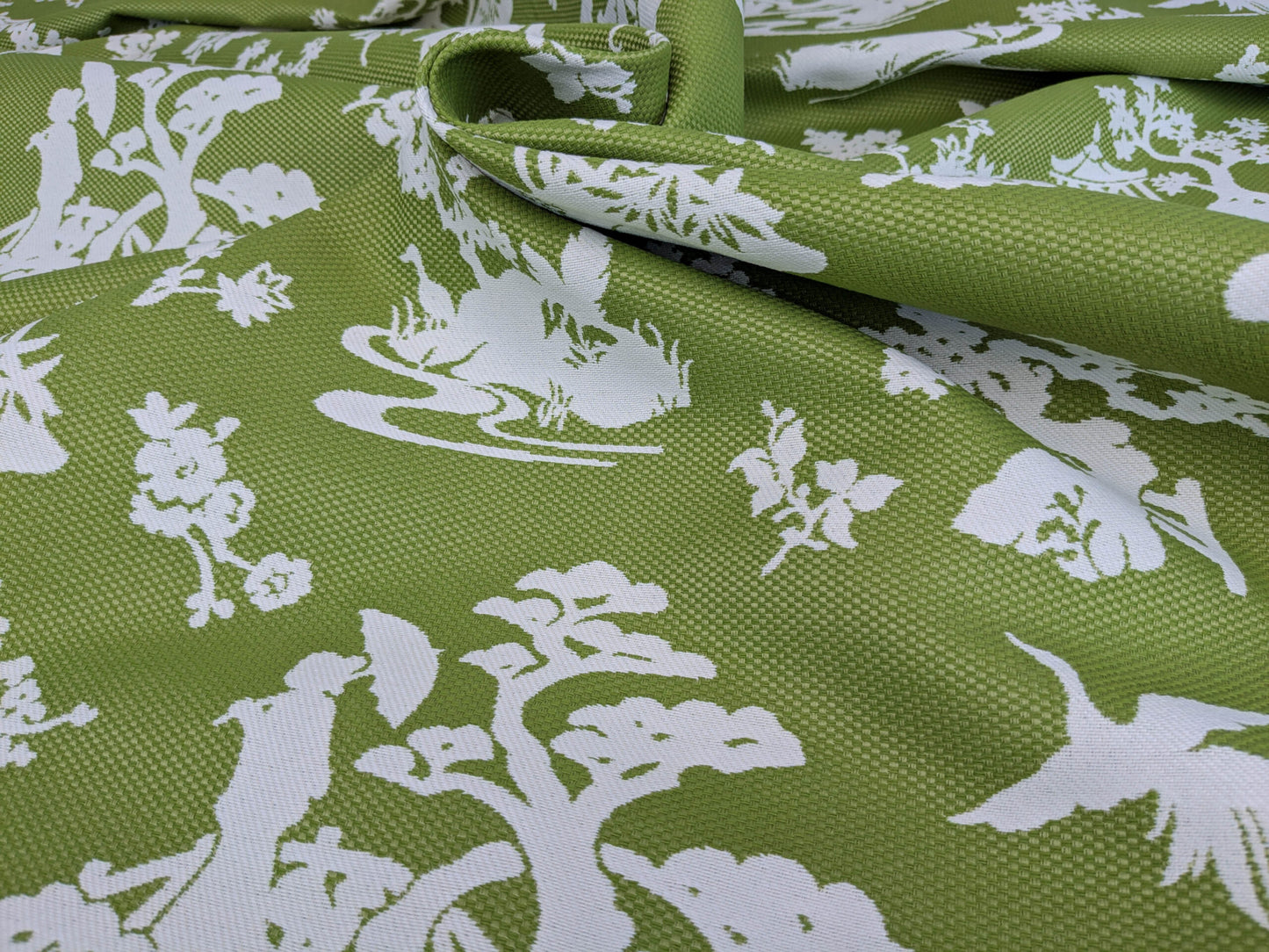 Scalamandre Romantic Outdoor Lily Pond Grass Green White Chinoiserie Landscape Mountain Jacquard Reversible MSRP USD 222/y