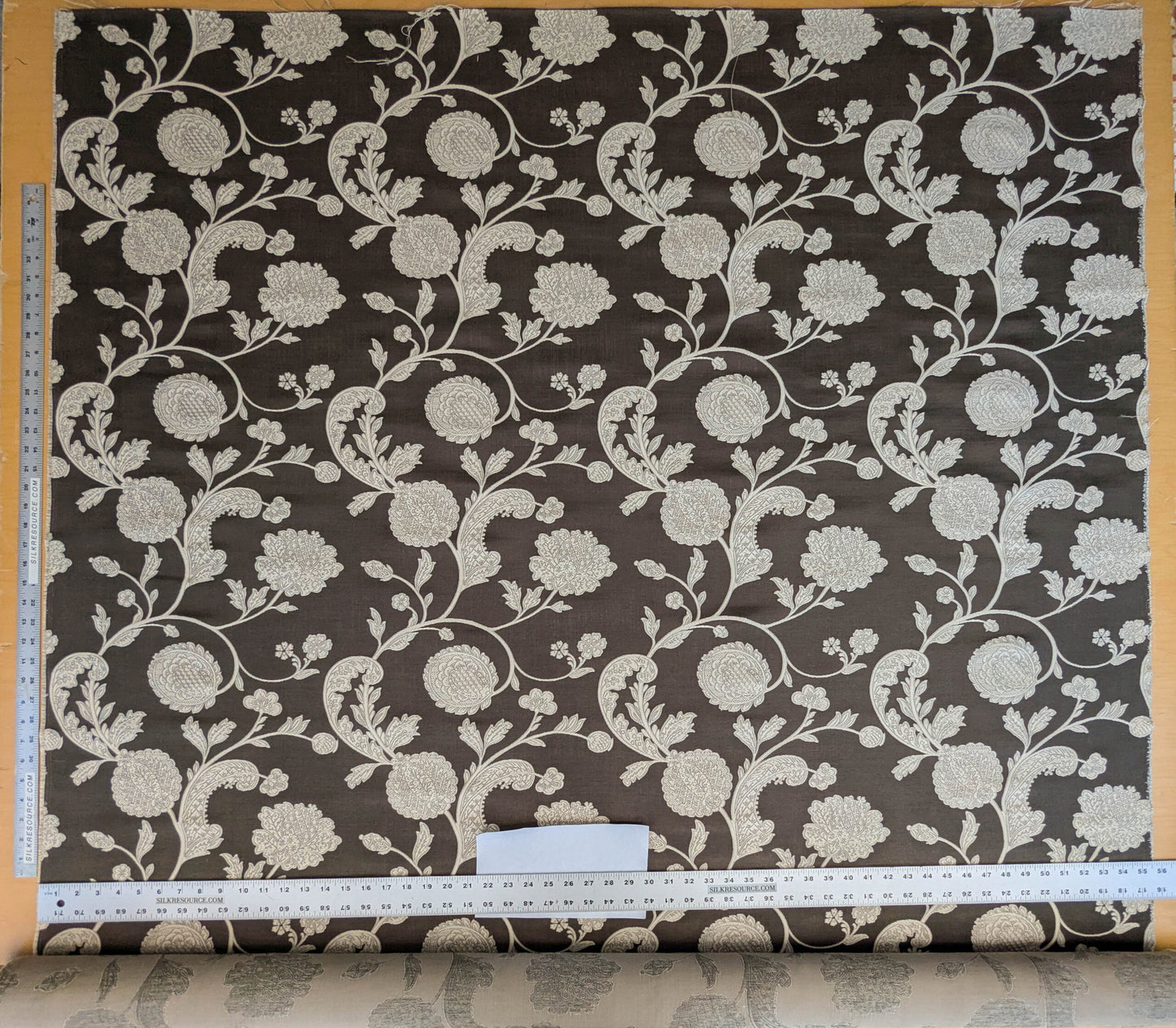 Scalamandre Bombay Lace Ivory on Bitter Chocolate Brown Silver White Botanical Foliage Large Pattern