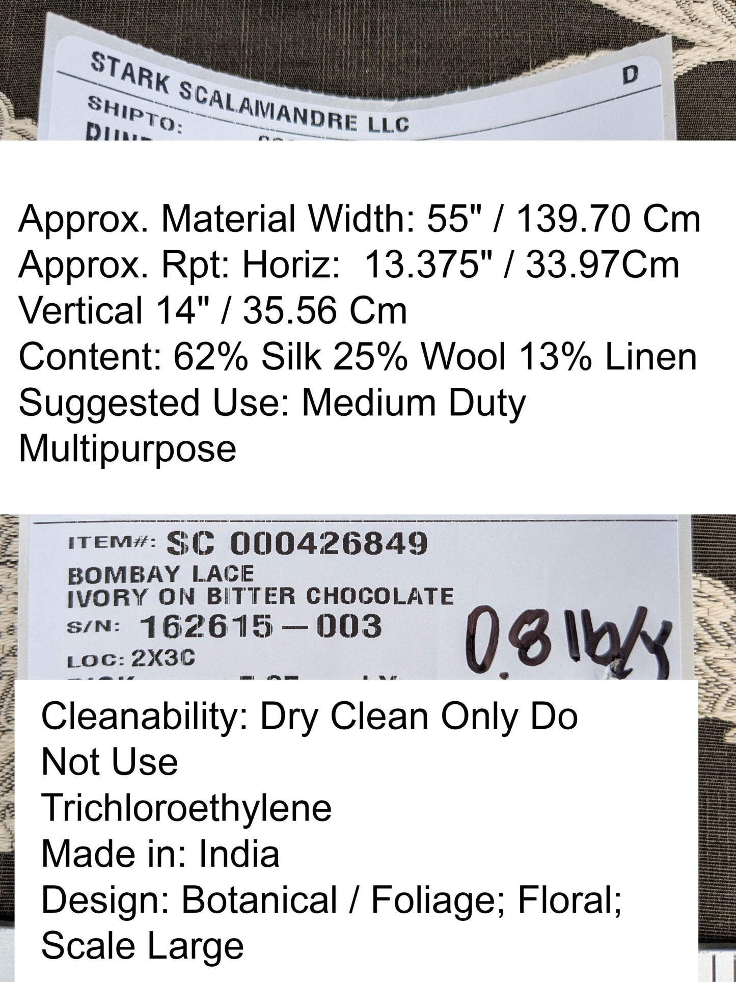 Scalamandre Bombay Lace Ivory on Bitter Chocolate Brown Silver White Botanical Foliage Large Pattern