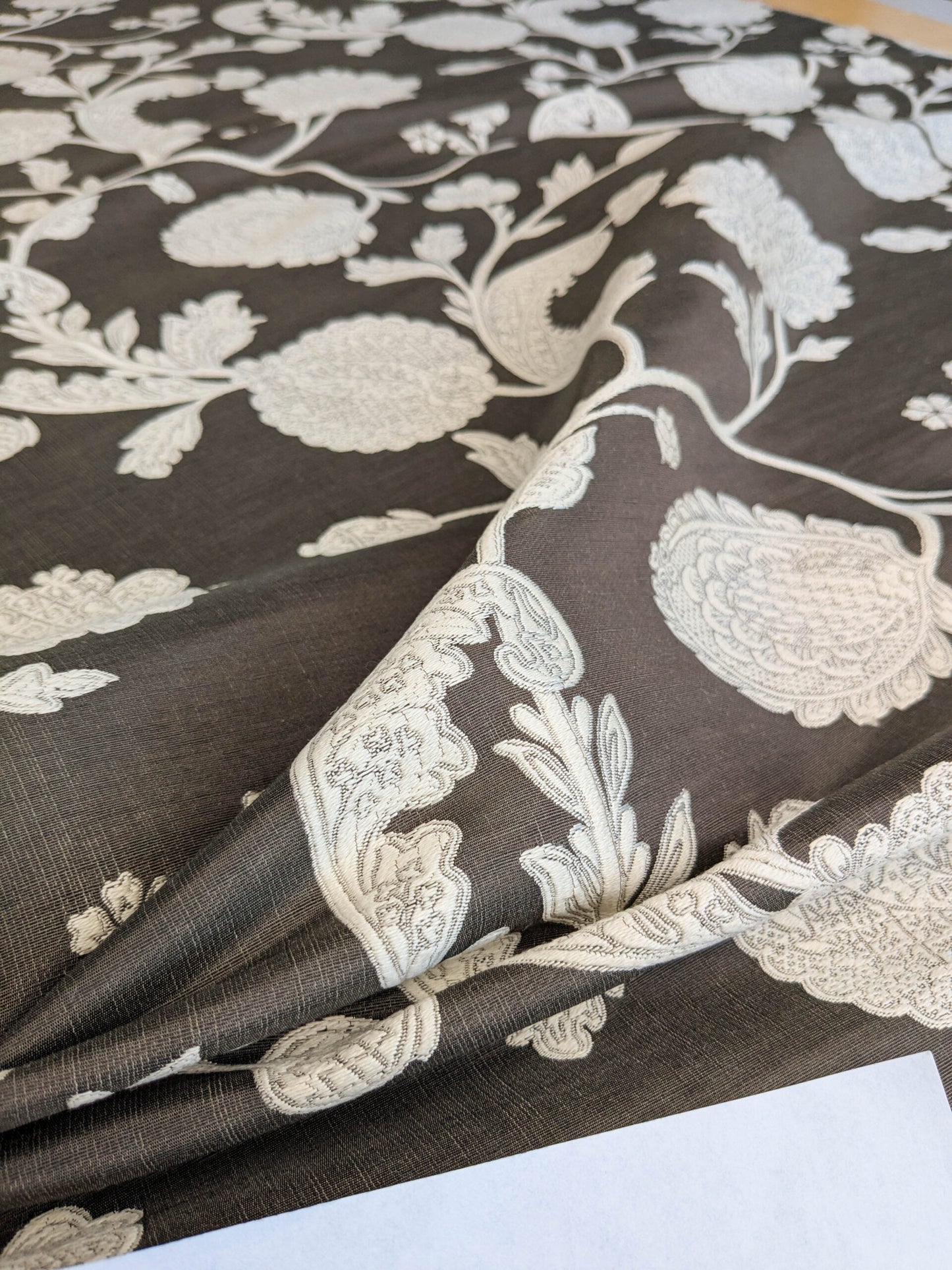 Scalamandre Bombay Lace Ivory on Bitter Chocolate Brown Silver White Botanical Foliage Large Pattern