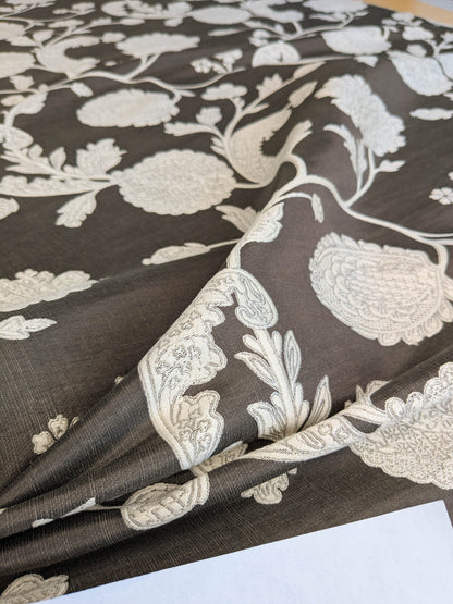 Scalamandre Bombay Lace Ivory on Bitter Chocolate Brown Silver White Botanical Foliage Large Pattern