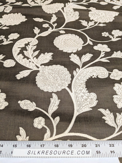 Scalamandre Bombay Lace Ivory on Bitter Chocolate Brown Silver White Botanical Foliage Large Pattern