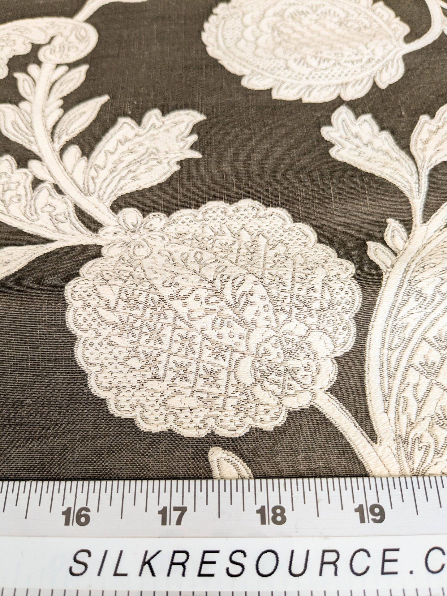Scalamandre Bombay Lace Ivory on Bitter Chocolate Brown Silver White Botanical Foliage Large Pattern